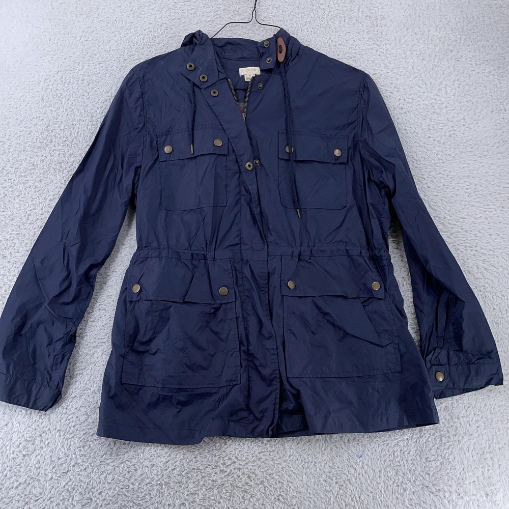 J. Crew Jacket Womens Medium Navy Hooded Anorak‎ Parka Nylon Drawstring A6367